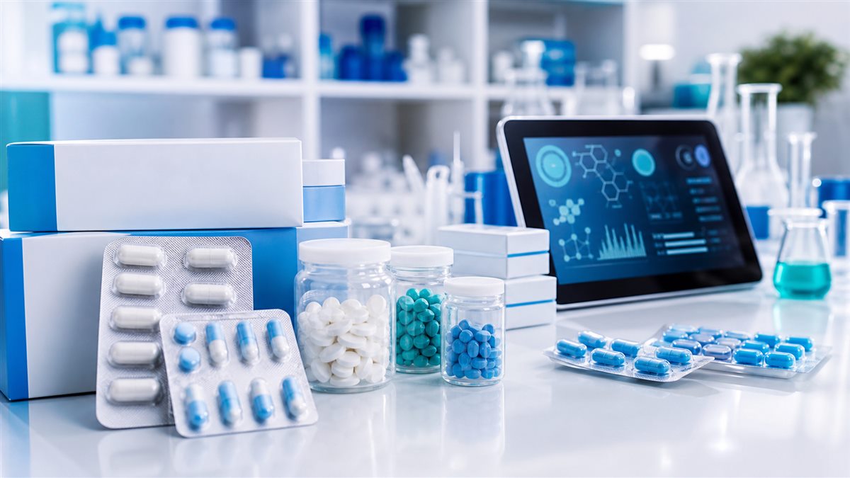 Modern pharmaceutical research bench with medicine packaging and digital healthcare tools